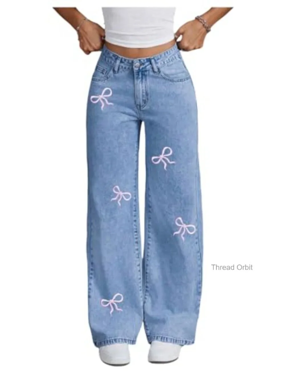 Girls Bow Embroidered Baggy Jeans High Waisted Straight Leg Denim Pants